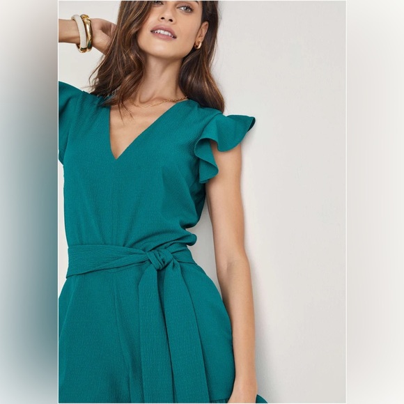 VENUS Teal Blue Wrap Romper with Flutter Sleeves - Picture 14 of 16